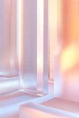 Poster - A frosted glass panel displays gentle holographic reflections in a tranquil setting, illuminated by soft daylight. The hues create a calming atmosphere and intrigue