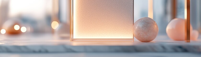 Poster - A frosted glass panel glows gently in a serene indoor environment, surrounded by decorative spheres and warm light, creating a calm and inviting atmosphere