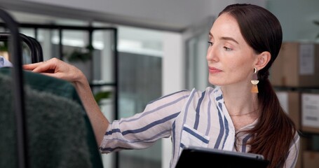 Poster - Business. clothing store and woman with tablet, inspection and fashion with quality control. Person, employee and designer with tech, digital app and inventory with supply chain and retail service