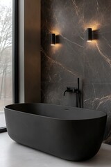 Poster - A sleek black freestanding tub occupies a minimalist bathroom with polished stone walls, complemented by chic wall sconces illuminating the space and large windows inviting natural light