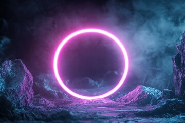 Poster - A vibrant pink teal neon light forms a bold circle, illuminating a rocky landscape. The surrounding mist enhances the ethereal atmosphere, creating a dreamlike setting