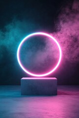 Poster - A circular neon light in vibrant pink and teal creates a striking contrast against a dark, smoky background. The illuminated ring stands on a solid base, casting an ethereal glow