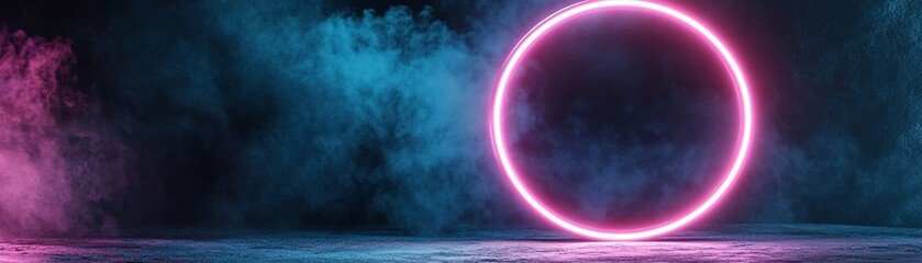 Poster - A striking circular neon light in pink illuminates a dark setting, surrounded by swirling teal smoke, creating a dramatic and energetic ambiance perfect for events or art displays