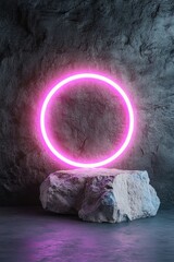 Poster - A striking circular neon light glows in pink and teal, set on a textured stone pedestal. The ambiance is dim, enhancing the vibrant colors and creating a contemporary atmosphere