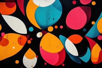 Poster - Colorful shapes and spots create abstract design over dark background, shapes and spots over black background