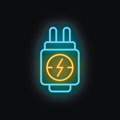 Poster - Neon icon of an electric plug glowing on a black background, representing the concept of electricity