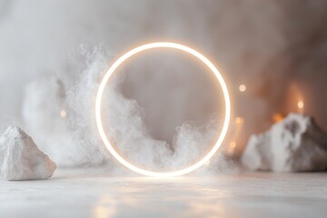 Poster - A circular halo light casts a warm glow in a minimalist space filled with soft smoke and scattered rocks. This enchanting setting evokes a tranquil and artistic mood during twilight hours