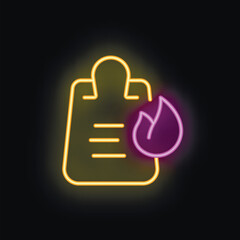 Poster - Neon clipboard with fire icon glowing on a black background, concept of urgent tasks or important deadlines