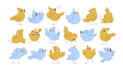 Poster - Cute birds set. Kawaii comic winged characters singing, flying, in playful poses, happy emotions, funny face expressions. Humor birdies. Kids flat vector illustration isolated on white background