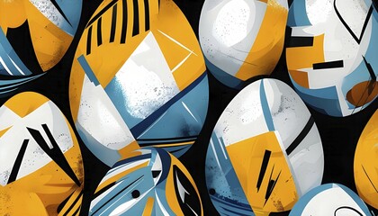 Poster - illustration of an abstract easter egg design with geometric patterns, bold colors, and a mix of tex