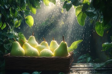 Fresh green pears glistening in the rain with vibrant leaves in a serene natural setting during a sunny day