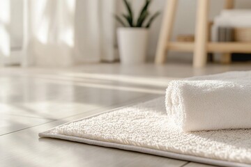 Poster - A clean, rolled beige bath mat is placed on a light-colored floor, illuminated by warm sunlight coming through sheer curtains. A potted plant and furniture are visible in the background