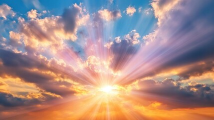 Wall Mural - sunlight pierces through the clouds, casting stunning rays across the sky at sunrise, creating a viv