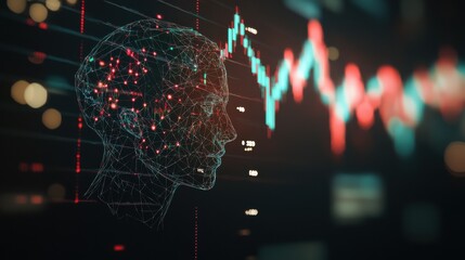 Poster - abstract polygonal head outline on dark backdrop with blurry forex chart. ai, big data, trade and hu