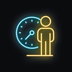 Poster - Neon style vector concept illustration of businessman standing next to clock speedometer, referring to efficient time management