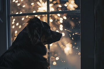 Poster - Black dog looking out of window at fireworks in night sky. Generative AI, AI generated