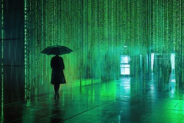 Poster - Digital code rain fills a dimly lit space with vibrant green light and shadow play, matrix digital code rain motion green