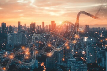 Aufkleber - Cityscape illuminated by sunset with a dna strand and data processing overlay, dna strand and data processing over cityscape
