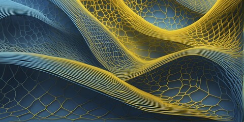 Poster - Abstract rendering of organic grid structure in a complex pattern in blue and yellow colors, AI generated