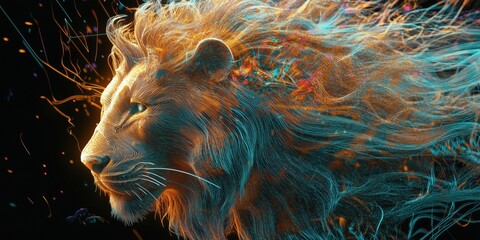 Poster - Vibrant Lion Portrait with Ethereal Hair and Colorful Energy Trails, Digital Art Representation of Majesty and Power