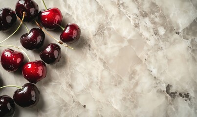 Poster - Fresh cherries on elegant marble surface, showcasing vibrant red colors and glossy textures, perfect for culinary presentations and food photography