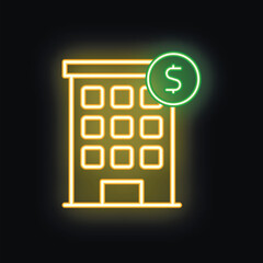 Poster - Bright neon icon of a multi story building with a green dollar sign, symbolizing financial investment in real estate or business ventures