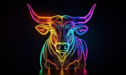 Poster - Colorful neon bull sculpture with intricate line patterns and glowing effects, showcasing vibrant hues and modern artistic design