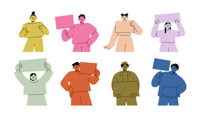 Poster - People holding blank banners and placards, set. Picket, protest and demonstration with paper board in hands. Male and female characters. Colored flat vector illustration isolated on white background