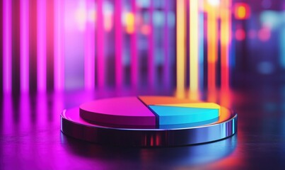 Poster - Colorful pie chart on reflective surface with vibrant neon background, showcasing data visualization in modern design