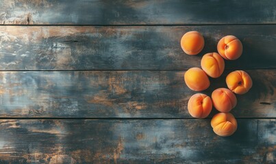 Poster - Fresh ripe peaches arranged on rustic wooden table, showcasing vibrant colors and natural textures