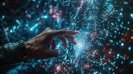 Poster - close up of hand reaching towards glowing digital interface, showcasing vibrant data points and connections, symbolizing technology and innovation