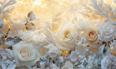 Poster - Winter Wonderland Floral Arrangement with White Roses and Snowy Background