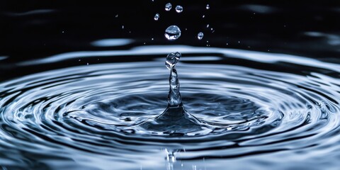 Poster - Water droplet creating ripples in dark background, showcasing dynamic splash and reflections