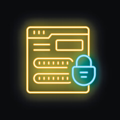 Poster - Glowing neon icon of a website being secured with password protection, representing online security measures