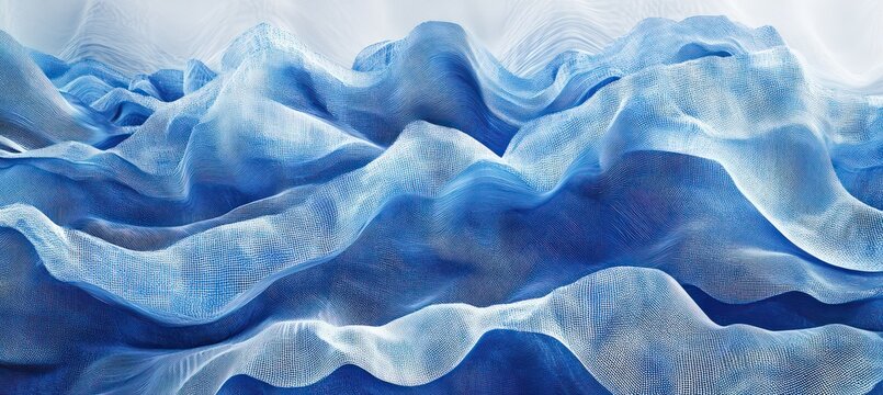 Abstract blue mountain landscape background with wavy pattern made of dots and lines.