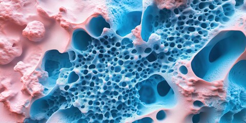 Poster - Colorful abstract texture of porous material with intricate patterns and structures, showcasing blue and pink hues