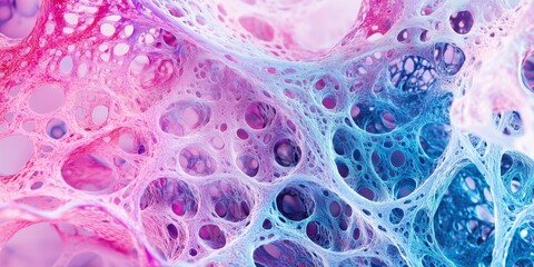 Poster - Colorful abstract network of interconnected bubbles and cells showcasing intricate patterns and textures in pink, blue, and purple hues