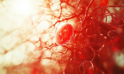 Poster - Red neurons and synapses in a vibrant neural network, showcasing intricate connections and cellular structures