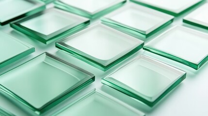 Poster - Abstract Arrangement of Translucent Green Glass Squares Creating a Modern Aesthetic Ideal for Backgrounds or Creative Projects in Interior Design