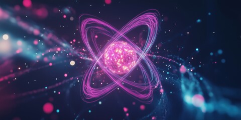 Poster - Atomic structure visualization with vibrant energy trails, glowing particles, and dynamic light effects