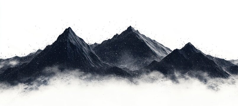 mountain landscape background with dots and lines, dark black mountains made of glowing particles on white backdrop.