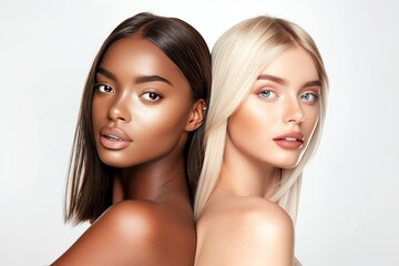 Wall Mural - A captivating studio portrait showcases two stunning women with diverse skin tones exuding allure, elegance, and confidence, highlighting beauty and diversity in a compelling manner