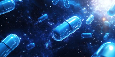 Poster - Floating blue capsules in cosmic space, representing health, medicine, and futuristic technology