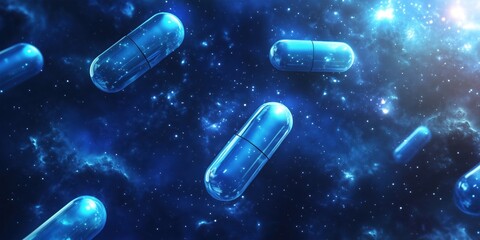 Poster - Floating blue capsules in cosmic space, representing pharmaceuticals, science, and technology in a vibrant galaxy backdrop