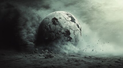 a captivating artistic representation of a cracked planet surrounded by swirling smoke, evoking myst