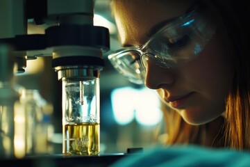 Poster - Researcher examines liquid sample with microscope in laboratory setting during a scientific study, researcher is looking at the liquid in the laboratory tube