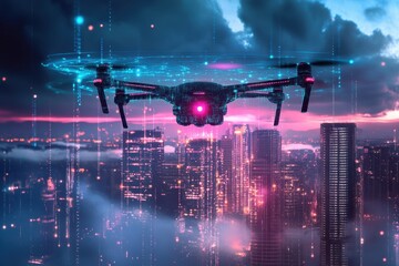 Poster - Flying drone over a futuristic city at dusk showcasing artificial intelligence in action, Flying in the Data Artificial Intelligence Digital Brain offers