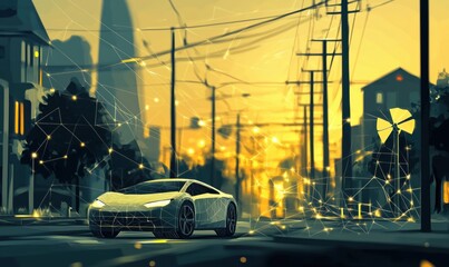 Poster - Futuristic sports car in urban landscape, geometric design, sunset glow, electric vibe, city streets, power lines, modern architecture
