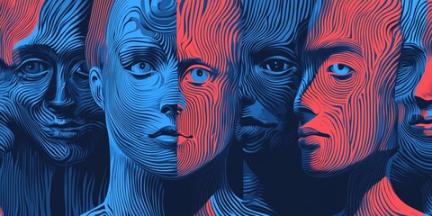 Poster - Abstract human faces in contrasting blue and red tones, showcasing intricate line patterns and emotional expressions, representing duality and identity