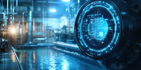 Poster - Industrial machinery with futuristic holographic interface showcasing advanced technology and digital data visualization in a manufacturing environment